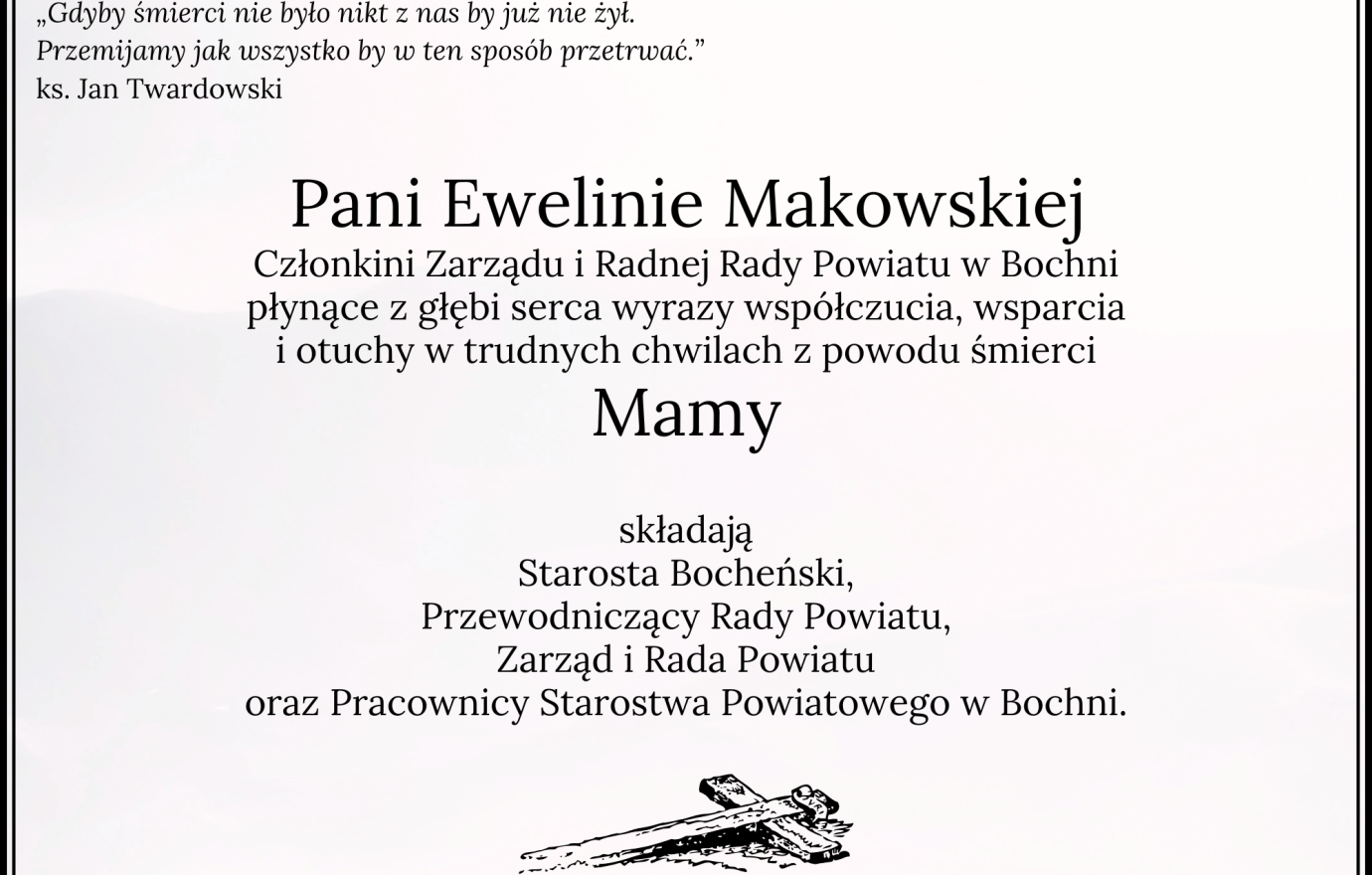 Kondolencje od władz Powiatu Bocheńskiego i pracowników Starostwa Powiatowego w Bochni