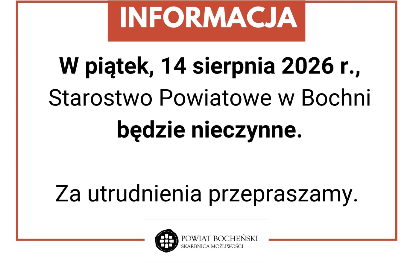 14 sierpnia Starostwo Powiatowe będzie nieczynne
