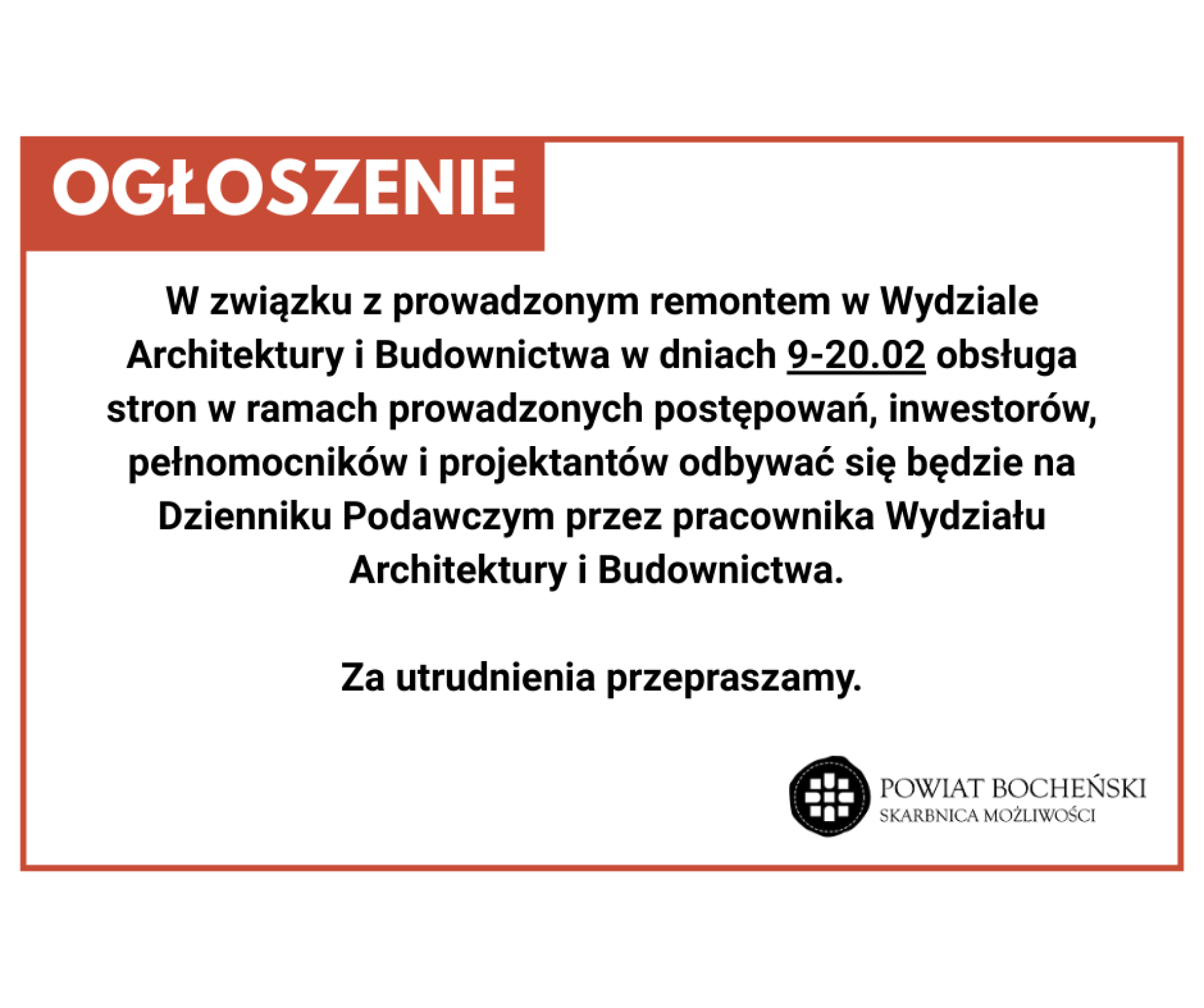 Funkcjonowanie Wydziału Architektury i Budownictwa w dniach 9-20.02