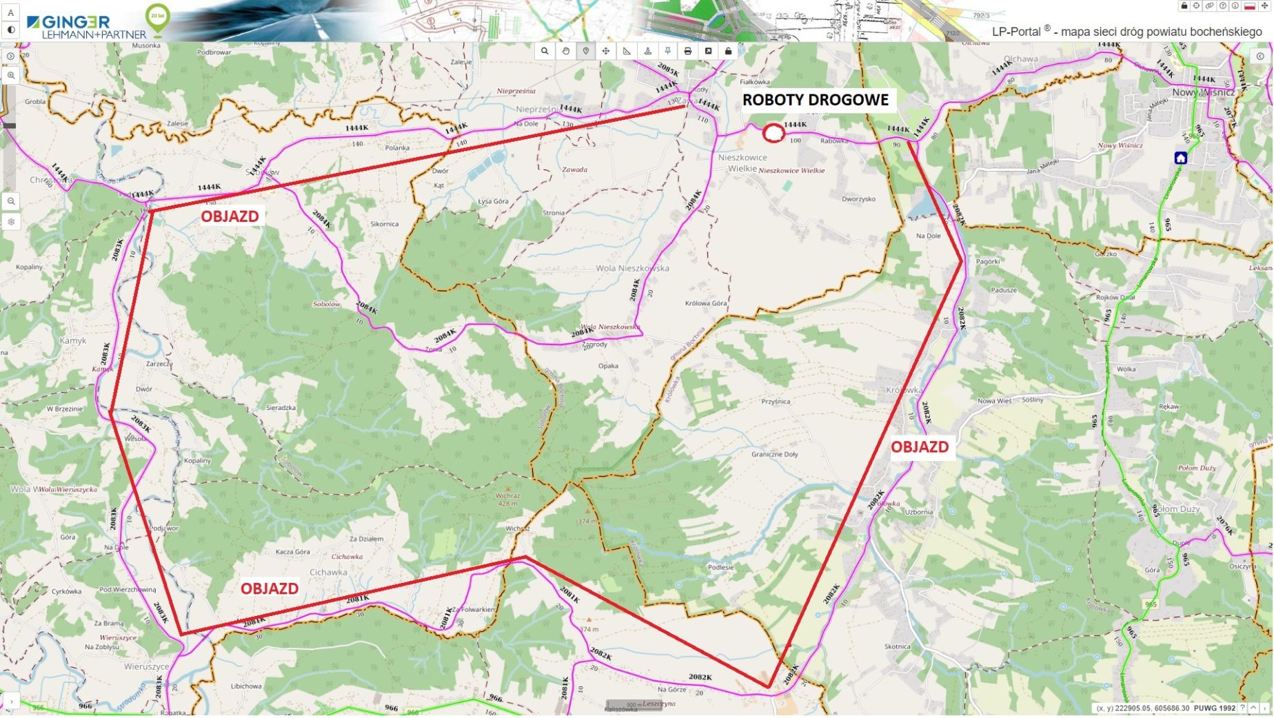 Mapa ze schematem objazdu zamkniętego odcinka drogi