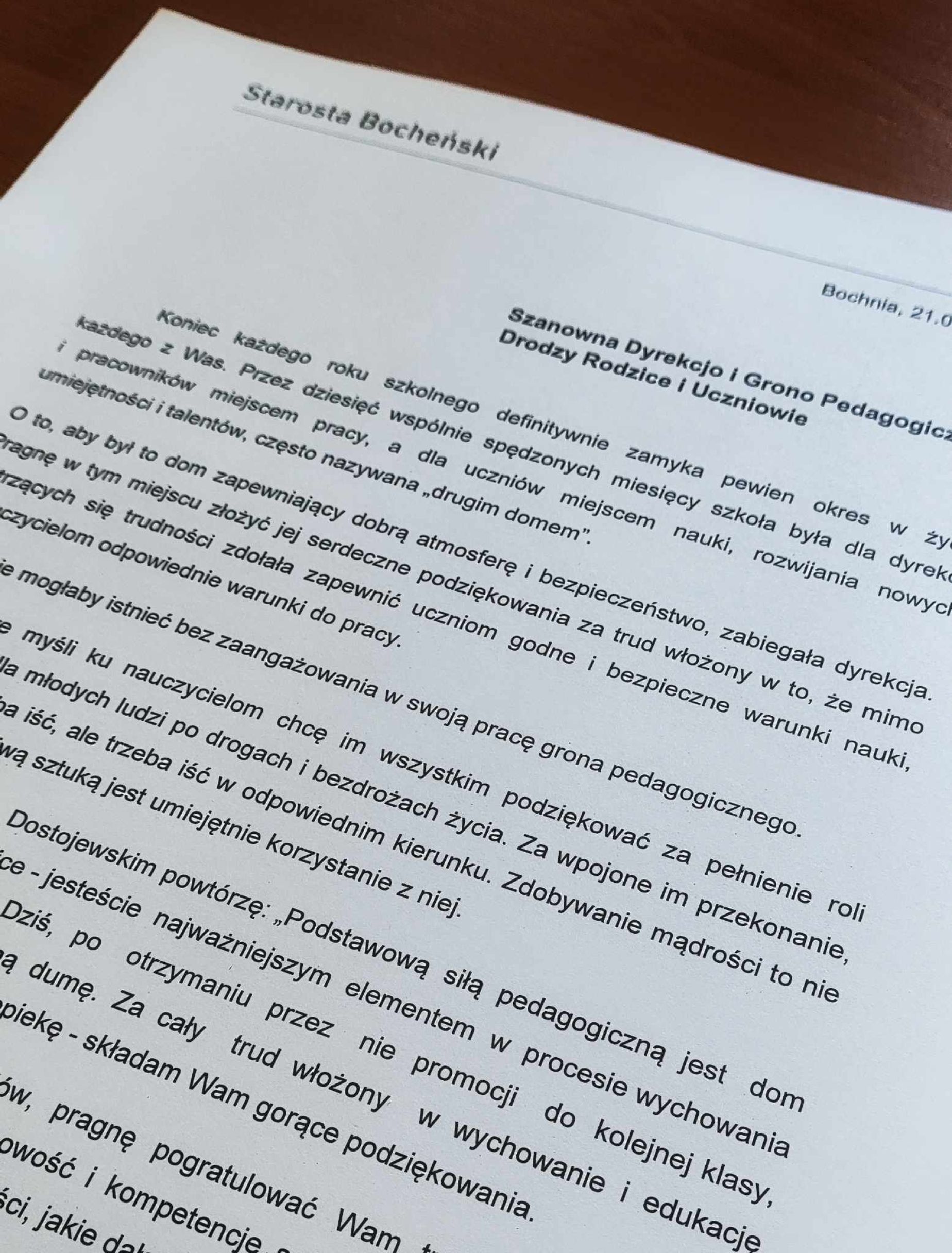 List na zakończenie Roku Szkolnego