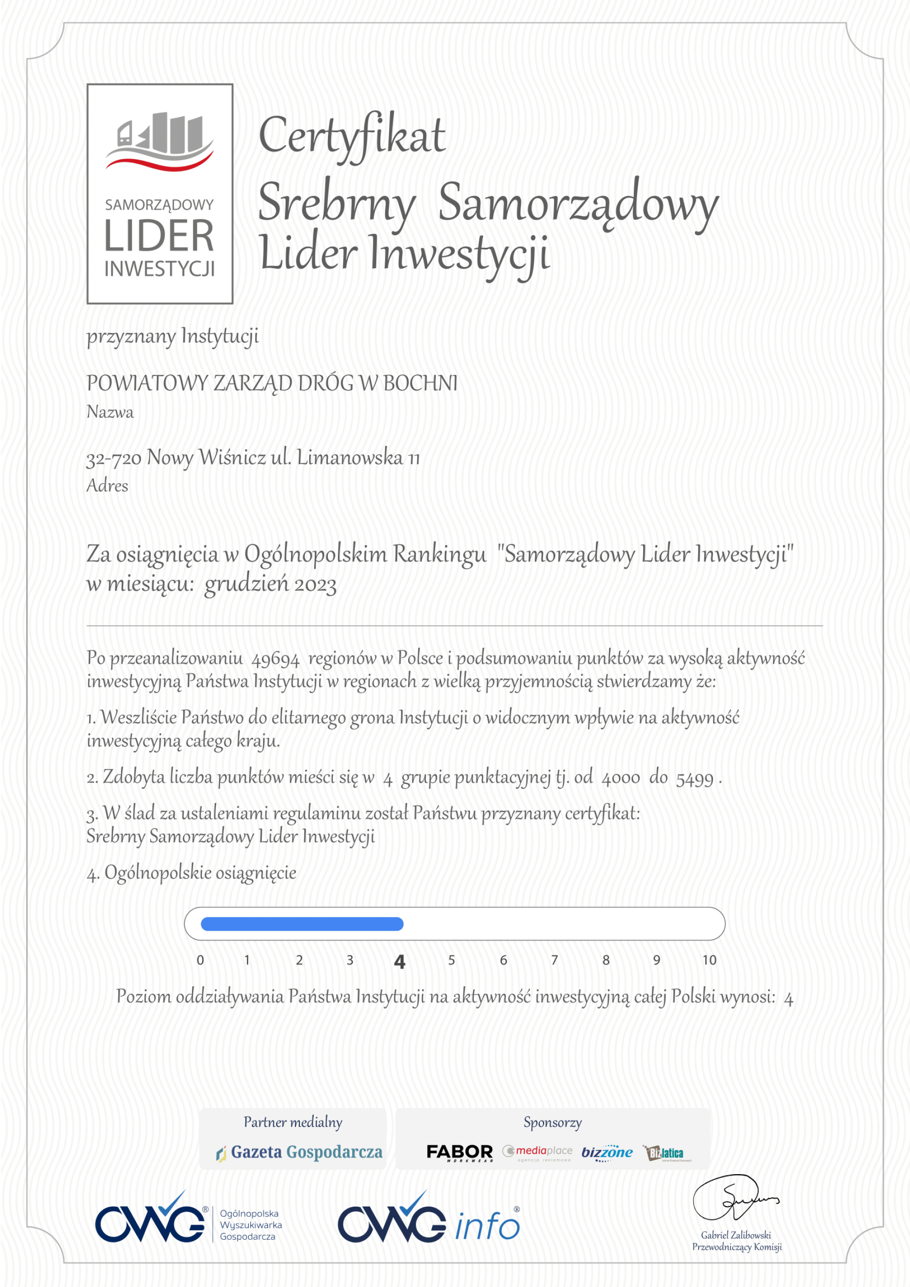 Certyfikat Srebrny Samorządowy Lider Inwestycji 