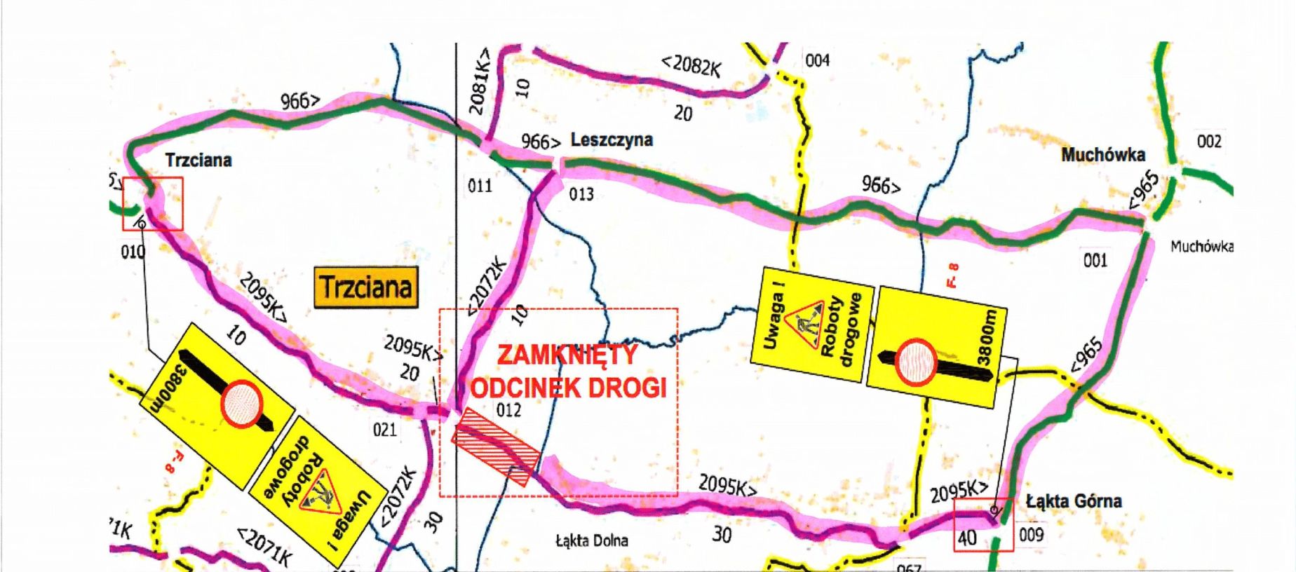 Mapa z zaznaczonym objazdem dróg