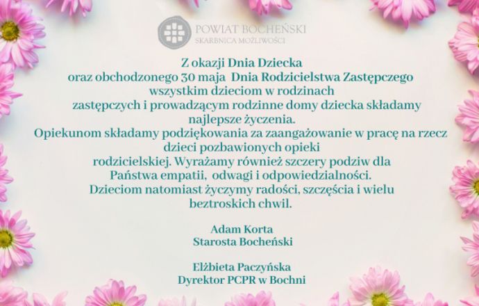 Życzenia od Starosty i Dyrektor Powiatowego Centrum Pomocy Rodzinie w Bochni
