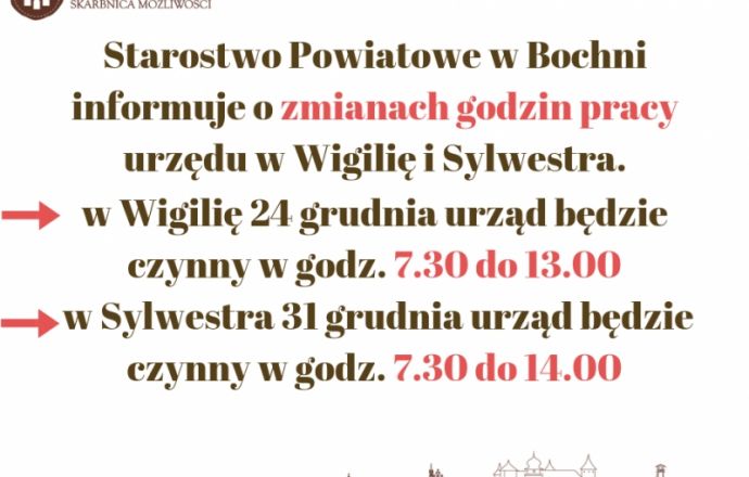 Zmiany godzin pracy urzędu w Wigilię i Sylwestra