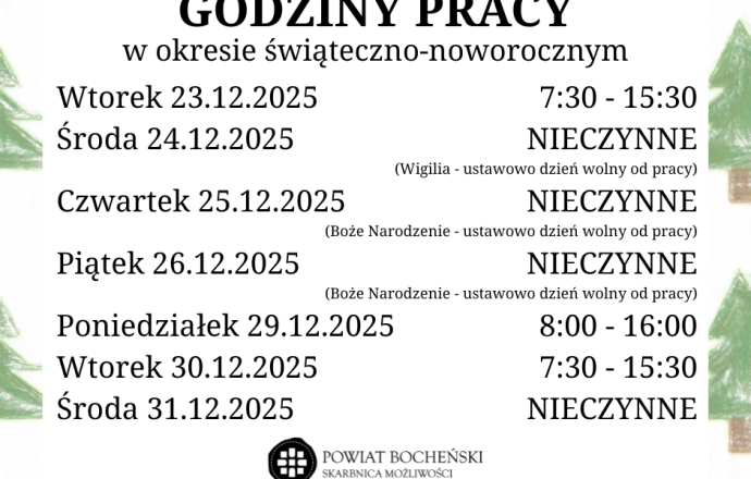 Godziny pracy w okresie świąteczno-noworocznym