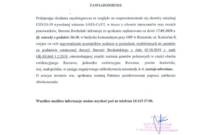 Spotkanie nt. scalania gruntów w Rzezawie odwołane