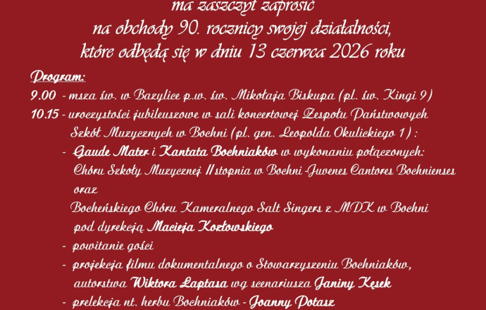 Stowarzyszenie Bochniaków zaprasza na Jubileusz 90-lecia