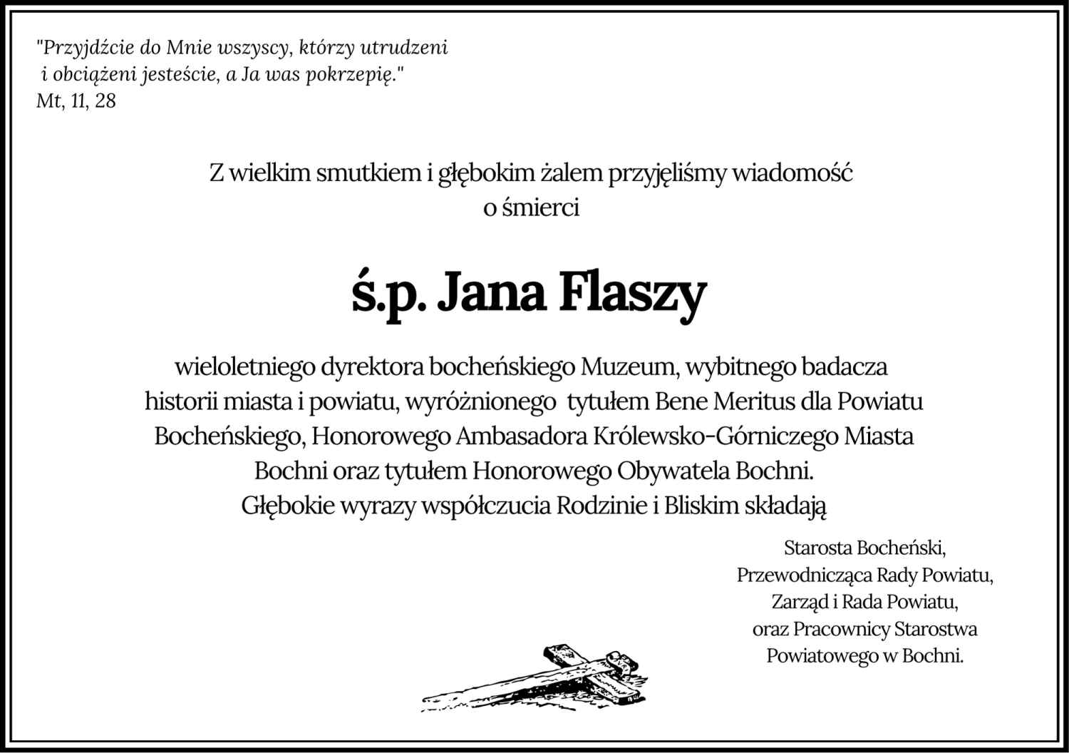 Kondolencje od władz Powiatu Bocheńskiego i pracowników Starostwa